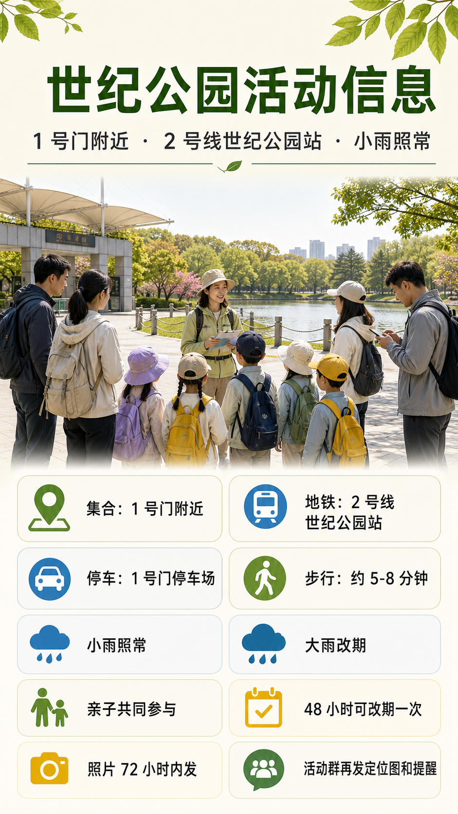 世纪公园活动信息：集合、地铁、停车、天气、退改和照片交付